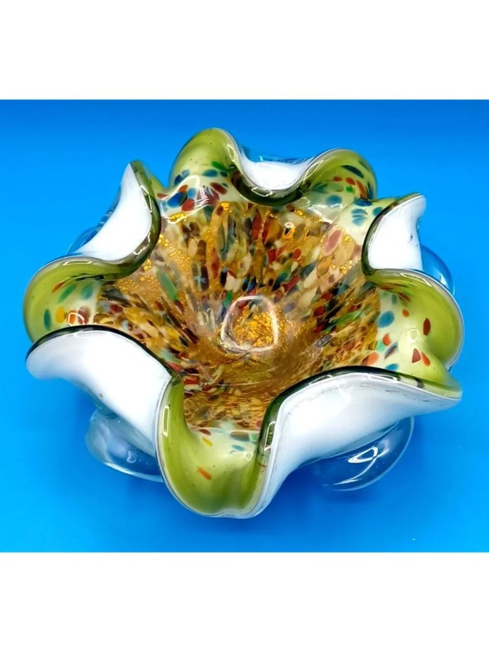 Vintage Murano Art Glass Bowl AVEM Tutti Frutti Zanfirico Aventurine Cased  1950